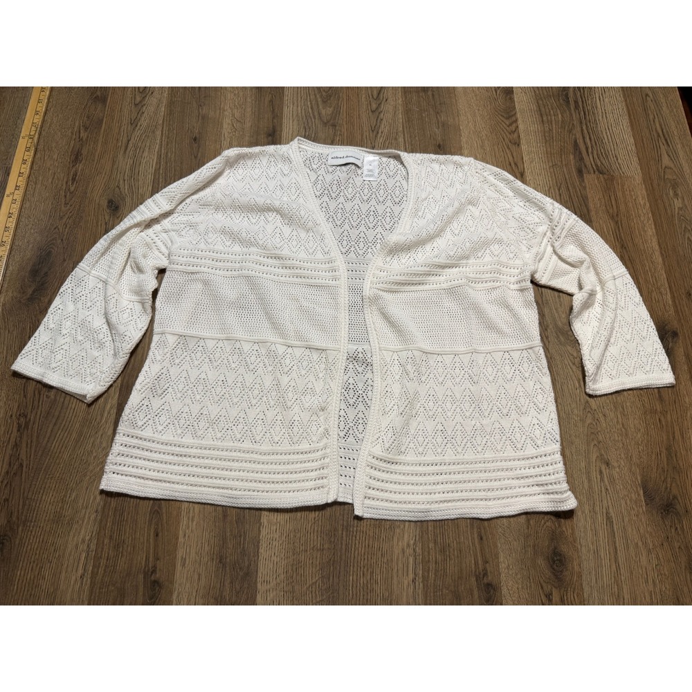 Alfred Dunner Sweater Women Size XL White Open Cardigan Crochet Knit Open Front